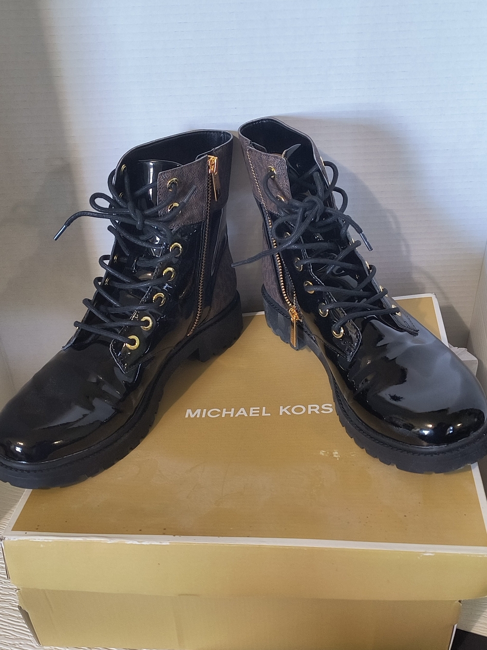 Michael Kors Black Patent Leather Lace-Up Combat Boots with Gold Hardware - Picture 4 of 7